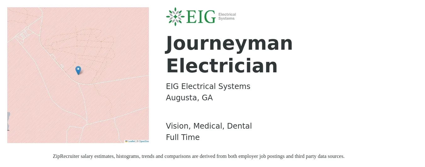 EIG Electrical Systems job posting for a Journeyman Electrician in Augusta, GA with a salary of $26 to $36 Hourly and benefits including medical, retirement, vision, and dental with a map of Augusta location.