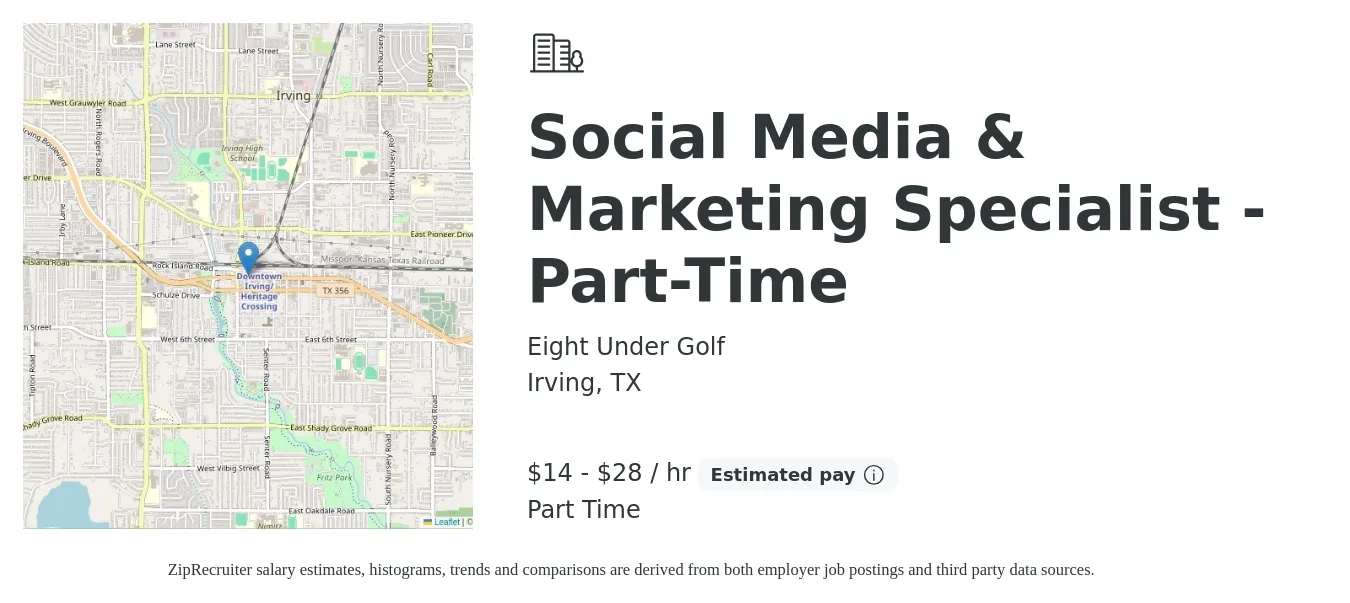 Eight Under Golf job posting for a Social Media & Marketing Specialist - Part-Time in Irving, TX with a salary of $15 to $30 Hourly with a map of Irving location.
