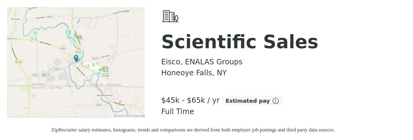 Eisco, ENALAS Groups job posting for a Scientific Sales in Honeoye Falls, NY with a salary of $45,000 to $65,000 Yearly with a map of Honeoye Falls location.