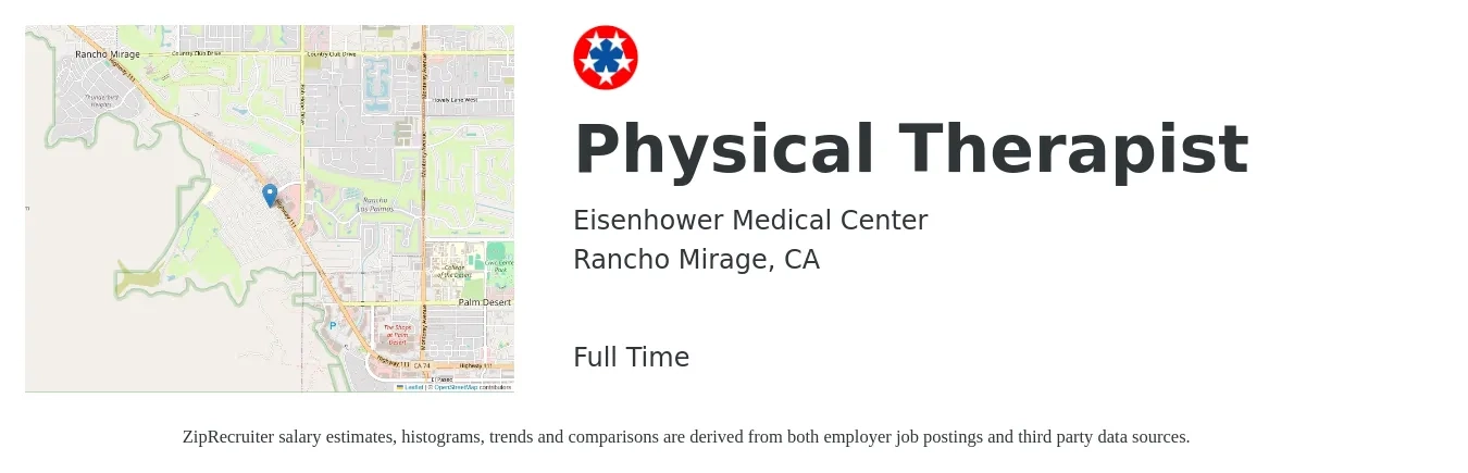 Eisenhower Medical Center job posting for a Physical Therapist in Rancho Mirage, CA with a salary of $1,720 to $2,230 Weekly with a map of Rancho Mirage location.