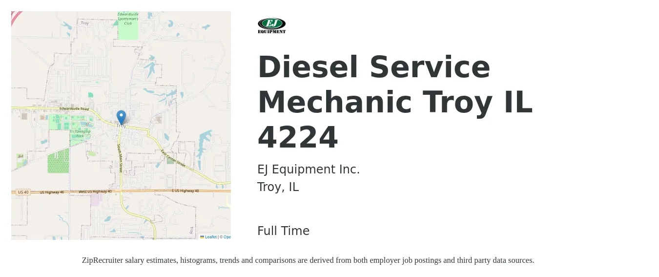 EJ Equipment Inc. job posting for a Diesel Service Mechanic Troy IL 4224 in Troy, IL with a salary of $23 to $31 Hourly with a map of Troy location.