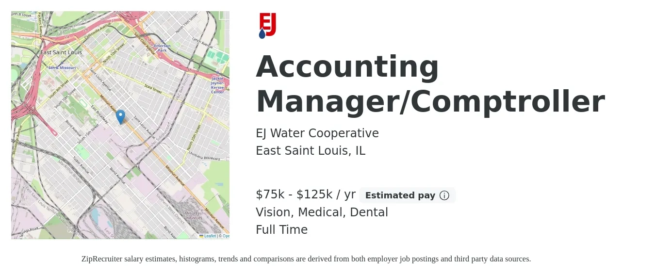 EJ Water Cooperative job posting for a Accounting Manager/Comptroller in East Saint Louis, IL with a salary of $75,000 to $125,000 Yearly and benefits including dental, life_insurance, medical, retirement, and vision with a map of East Saint Louis location.
