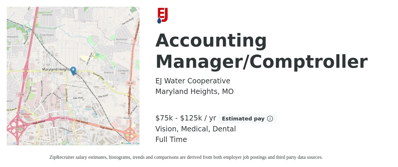 EJ Water Cooperative job posting for a Accounting Manager/Comptroller in Maryland Heights, MO with a salary of $75,000 to $125,000 Yearly and benefits including retirement, vision, dental, life_insurance, and medical with a map of Maryland Heights location.