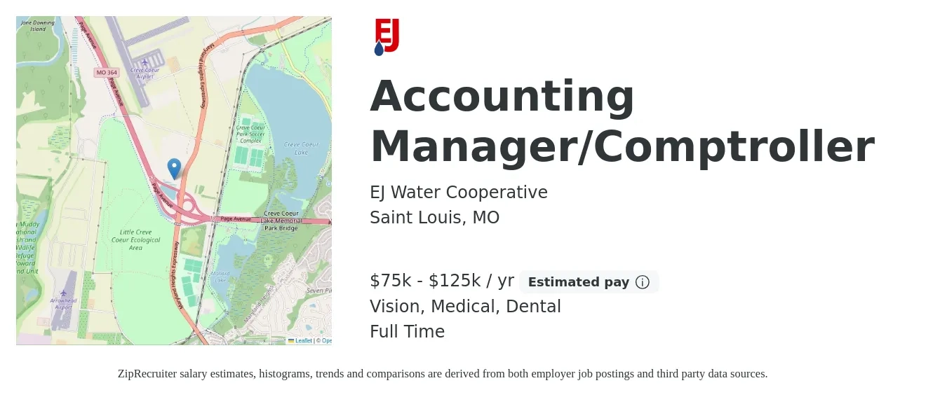 EJ Water Cooperative job posting for a Accounting Manager/Comptroller in Saint Louis, MO with a salary of $75,000 to $125,000 Yearly and benefits including dental, life_insurance, medical, retirement, and vision with a map of Saint Louis location.
