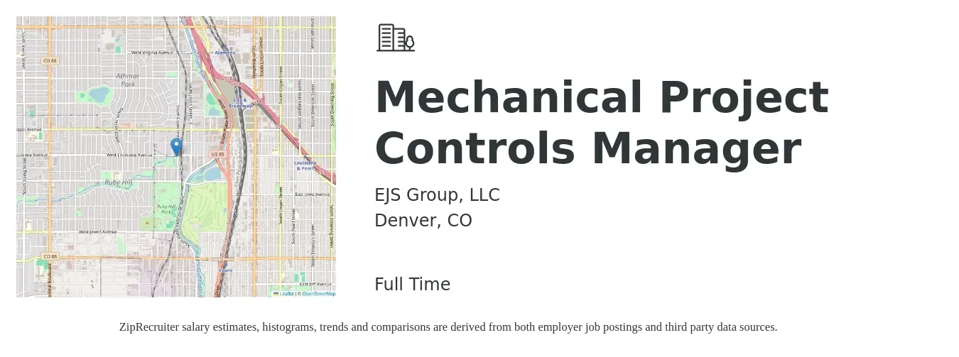 EJS Group, LLC job posting for a Mechanical Project Controls Manager in Denver, CO with a salary of $87,500 to $147,700 Yearly with a map of Denver location.