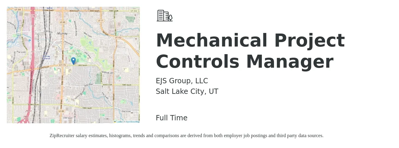 EJS Group, LLC job posting for a Mechanical Project Controls Manager in Salt Lake City, UT with a salary of $82,300 to $138,900 Yearly with a map of Salt Lake City location.