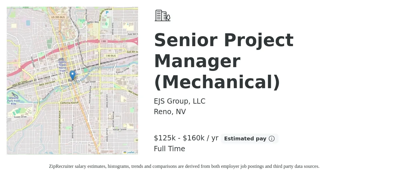 EJS Group, LLC job posting for a Senior Project Manager (Mechanical) in Reno, NV with a salary of $125,000 to $160,000 Yearly with a map of Reno location.