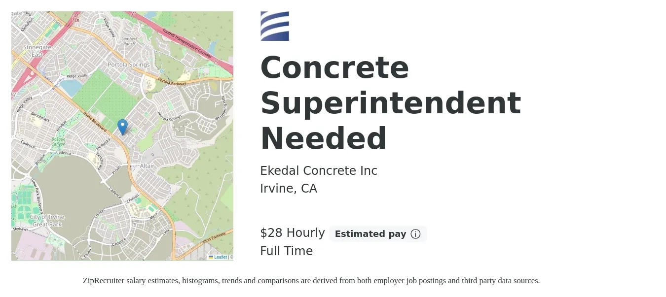 Ekedal Concrete Inc job posting for a Concrete Superintendent Needed in Irvine, CA with a salary of $30 Hourly with a map of Irvine location.