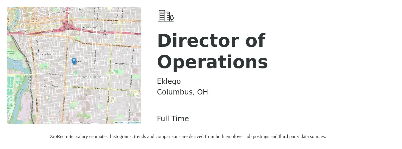 Eklego job posting for a Director of Operations in Columbus, OH with a salary of $34 to $38 Hourly with a map of Columbus location.