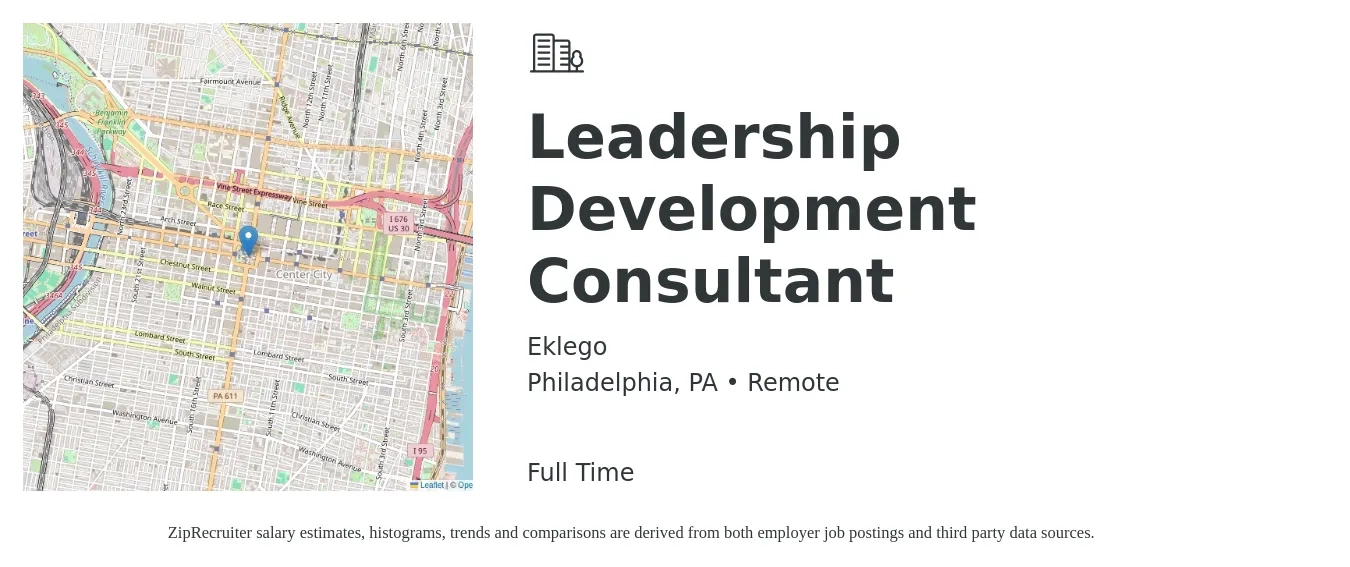 Eklego job posting for a Leadership Development Consultant in Philadelphia, PA with a salary of $25,800 to $89,100 Yearly with a map of Philadelphia location.