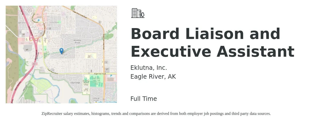 Eklutna, Inc. job posting for a Board Liaison and Executive Assistant in Eagle River, AK with a salary of $48,100 to $72,100 Yearly with a map of Eagle River location.