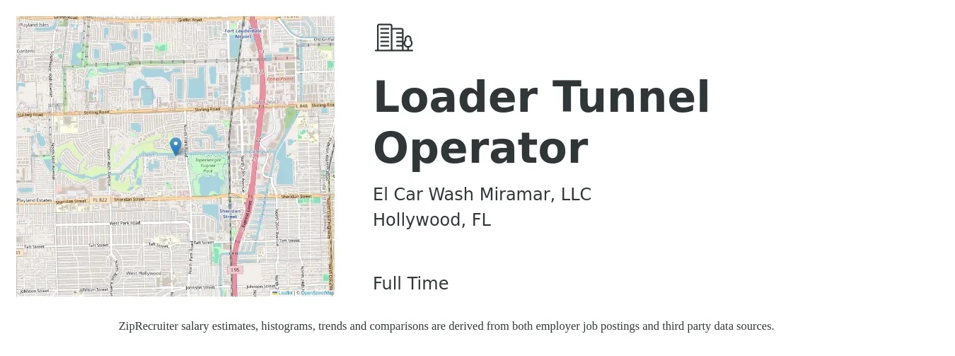 El Car Wash Miramar, LLC job posting for a Loader Tunnel Operator in Hollywood, FL with a salary of $15 to $20 Hourly with a map of Hollywood location.