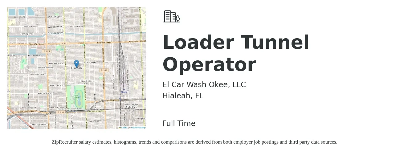El Car Wash Okee, LLC job posting for a Loader Tunnel Operator in Hialeah, FL with a salary of $15 to $20 Hourly with a map of Hialeah location.