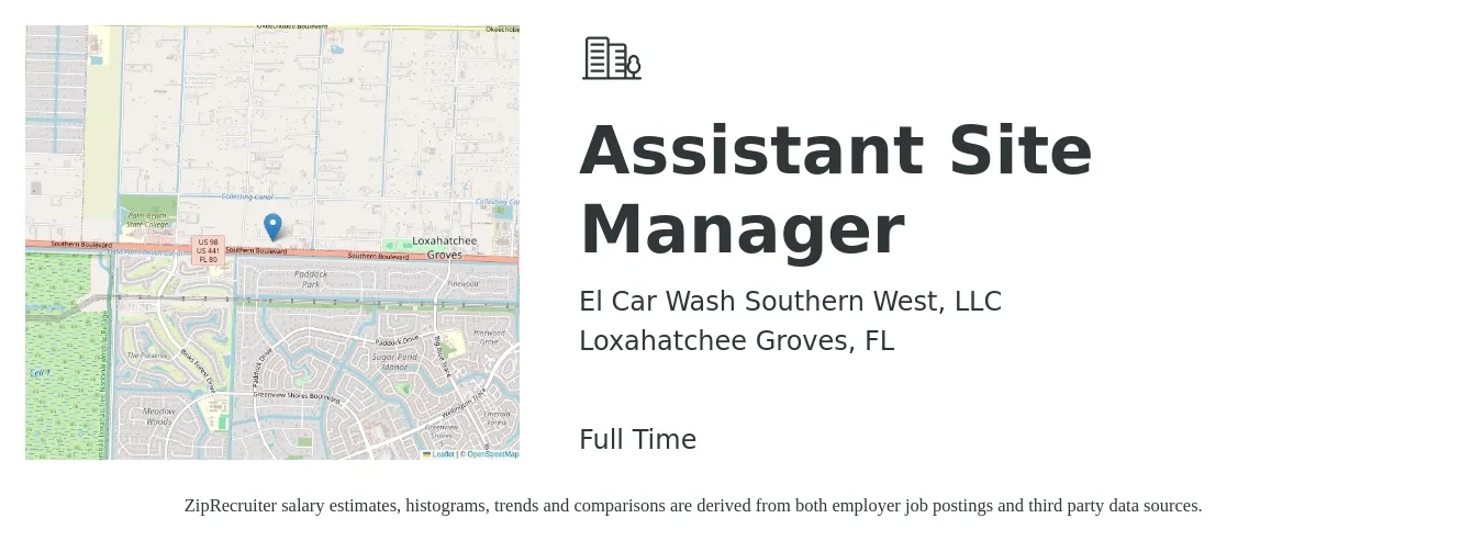 El Car Wash Southern West, LLC job posting for a Assistant Site Manager in Loxahatchee Groves, FL with a salary of $33,700 to $68,700 Yearly with a map of Loxahatchee Groves location.