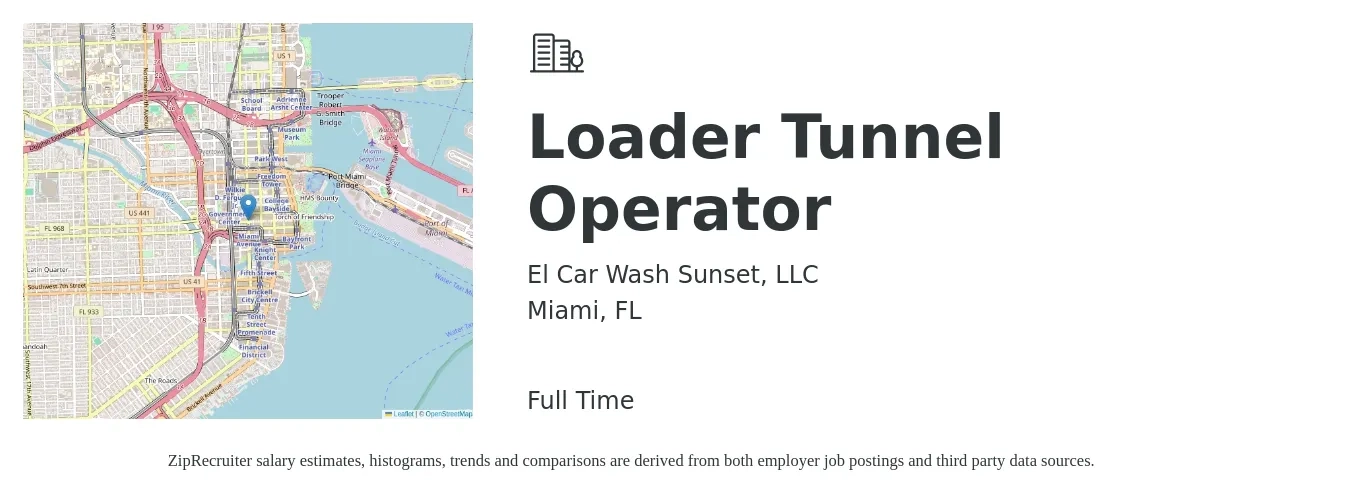 El Car Wash Sunset, LLC job posting for a Loader Tunnel Operator in Miami, FL with a salary of $15 to $20 Hourly with a map of Miami location.
