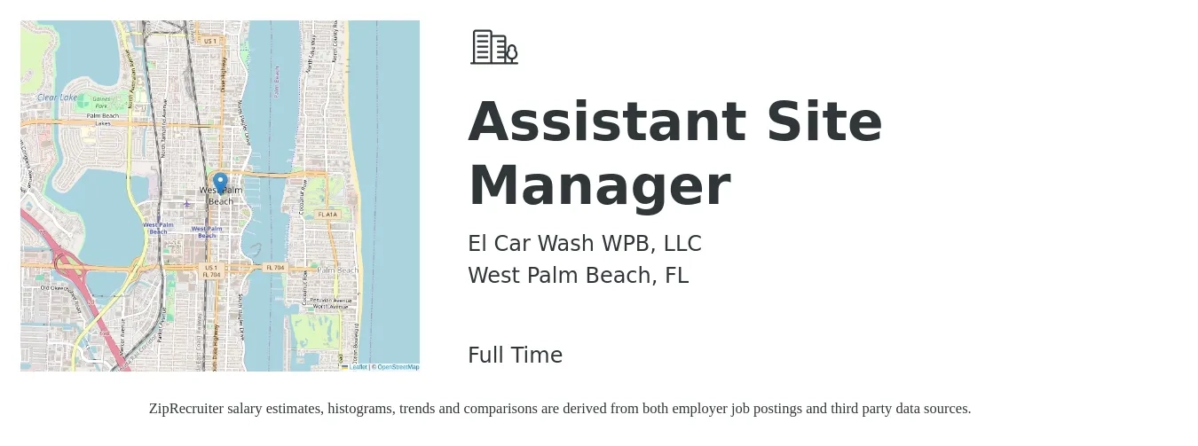 El Car Wash WPB, LLC job posting for a Assistant Site Manager in West Palm Beach, FL with a salary of $34,800 to $71,100 Yearly with a map of West Palm Beach location.