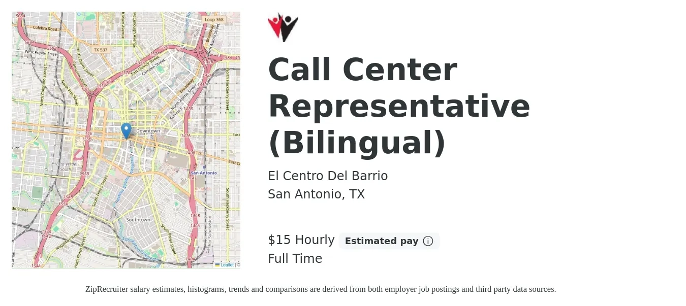 El Centro Del Barrio job posting for a Call Center Representative (Bilingual) in San Antonio, TX with a salary of $16 Hourly with a map of San Antonio location.