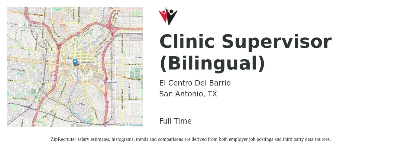 El Centro Del Barrio job posting for a Clinic Supervisor (Bilingual) in San Antonio, TX with a salary of $57,700 to $79,800 Yearly with a map of San Antonio location.