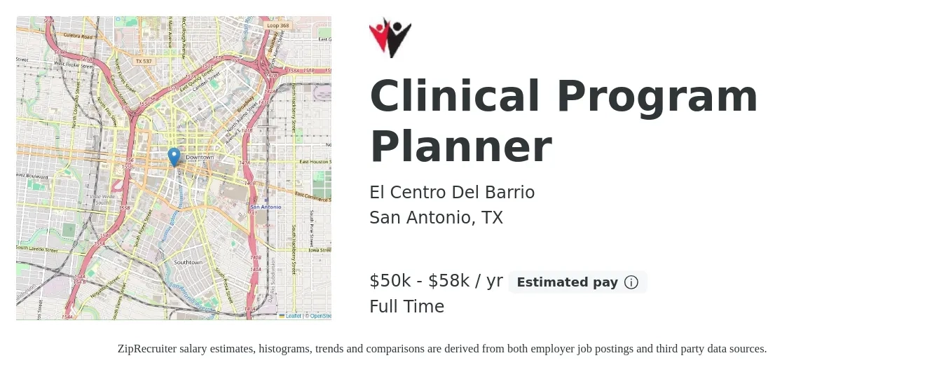 El Centro Del Barrio job posting for a Clinical Program Planner in San Antonio, TX with a salary of $50,000 to $58,500 Yearly with a map of San Antonio location.