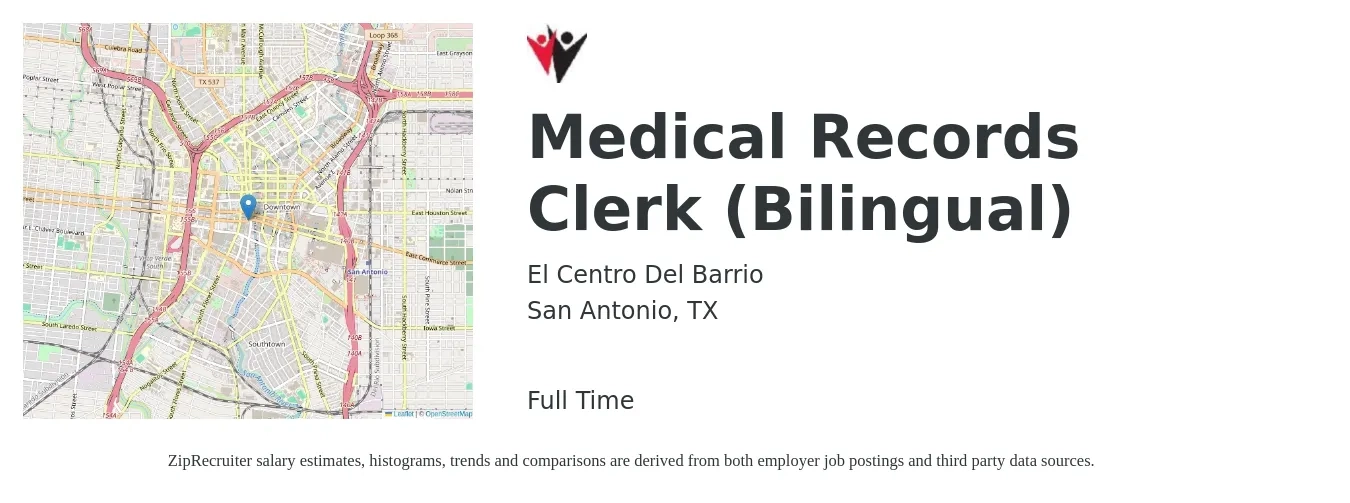 El Centro Del Barrio job posting for a Medical Records Clerk (Bilingual) in San Antonio, TX with a salary of $14 to $17 Hourly with a map of San Antonio location.