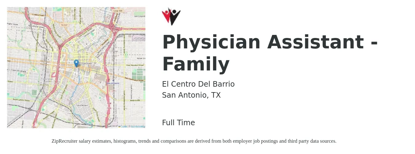 El Centro Del Barrio job posting for a Physician Assistant - Family in San Antonio, TX with a salary of $90,200 to $122,200 Yearly with a map of San Antonio location.