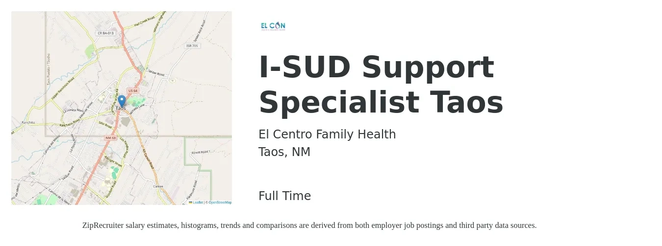 El Centro Family Health job posting for a I-SUD Support Specialist Taos in Taos, NM with a salary of $18 to $29 Hourly with a map of Taos location.