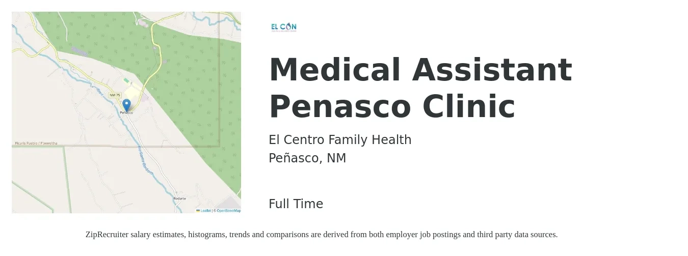 El Centro Family Health job posting for a Medical Assistant Penasco Clinic in Peñasco, NM with a salary of $17 to $22 Hourly with a map of Peñasco location.