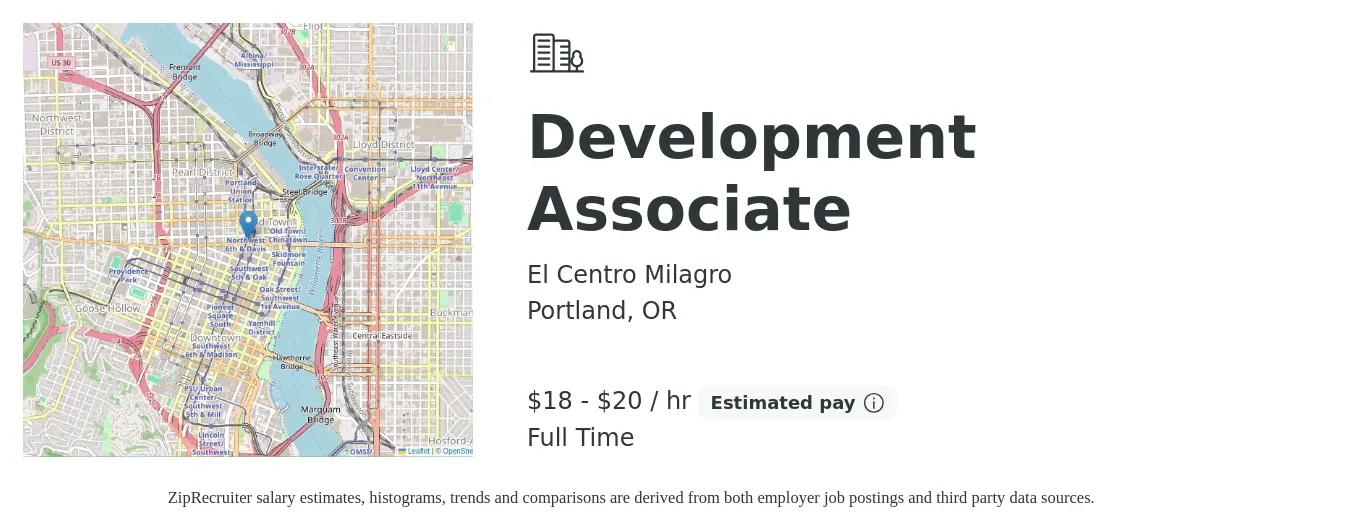 El Centro Milagro job posting for a Development Associate in Portland, OR with a salary of $19 to $21 Hourly with a map of Portland location.