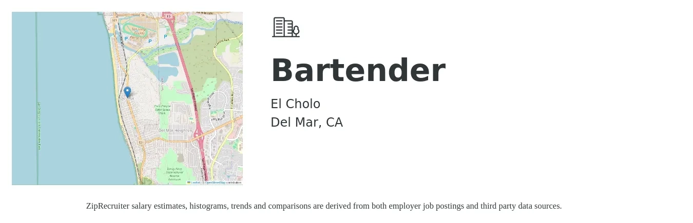 El Cholo job posting for a Bartender in Del Mar, CA with a salary of $10 to $20 Hourly with a map of Del Mar location.