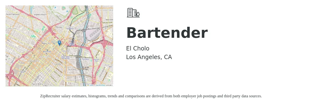 El Cholo job posting for a Bartender in Los Angeles, CA with a salary of $11 to $20 Hourly with a map of Los Angeles location.