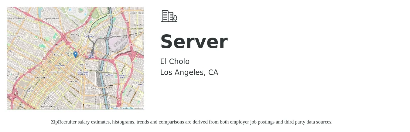 El Cholo job posting for a Server in Los Angeles, CA with a salary of $12 to $20 Hourly with a map of Los Angeles location.