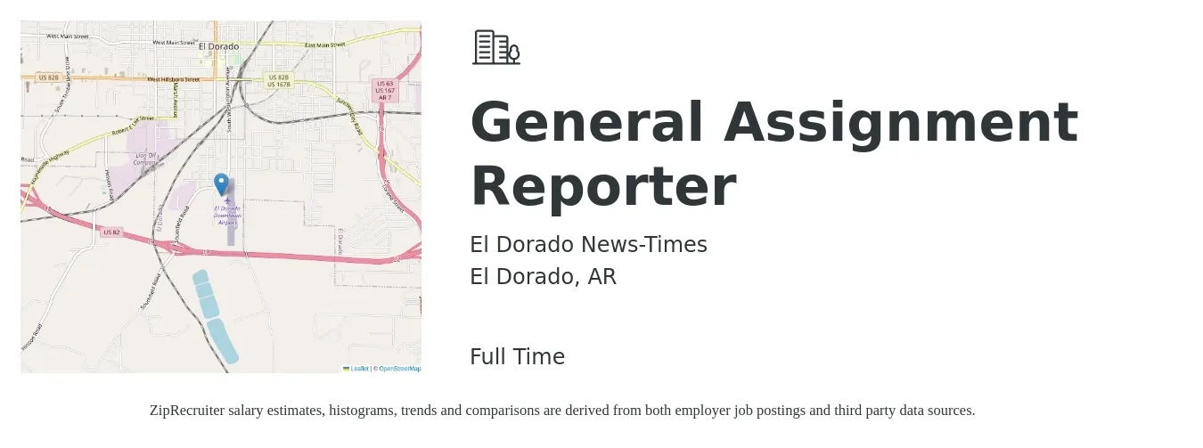 El Dorado News-Times job posting for a General Assignment Reporter in El Dorado, AR with a salary of $28,500 to $44,000 Yearly with a map of El Dorado location.