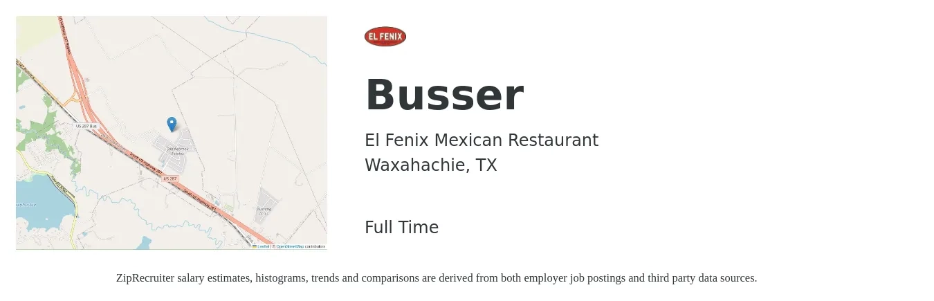 El Fenix Mexican Restaurant job posting for a Busser in Waxahachie, TX with a salary of $10 to $15 Hourly with a map of Waxahachie location.