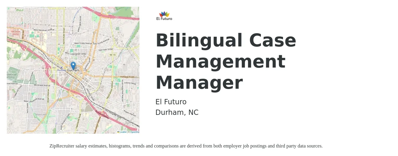 El Futuro job posting for a Bilingual Case Management Manager in Durham, NC with a salary of $50,000 Yearly with a map of Durham location.