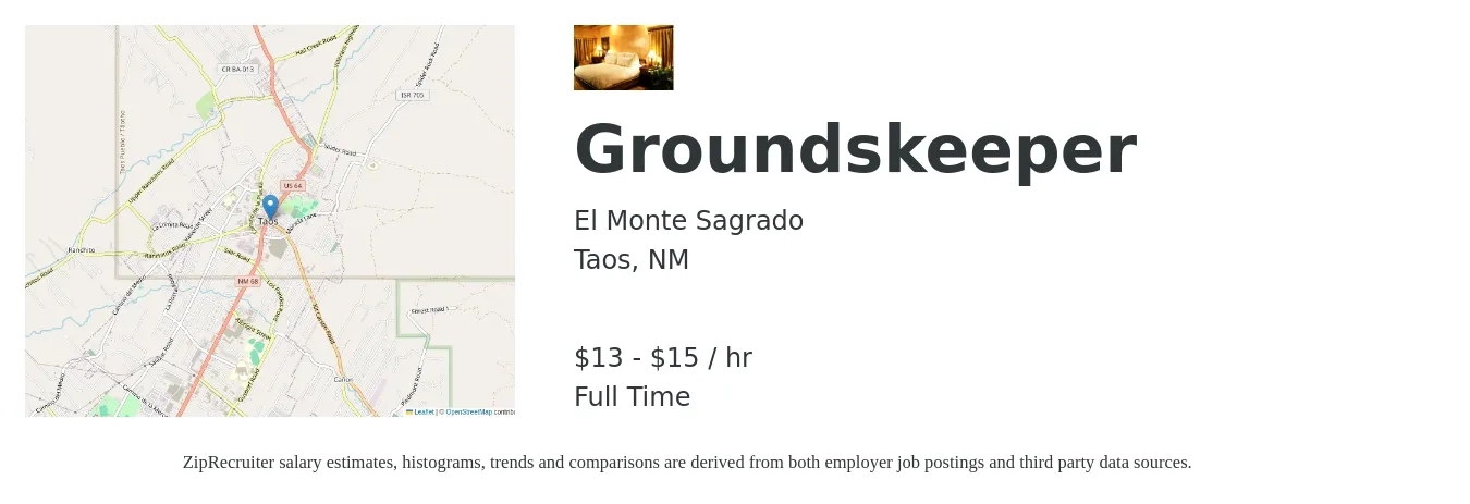 El Monte Sagrado job posting for a Groundskeeper in Taos, NM with a salary of $14 to $16 Hourly with a map of Taos location.