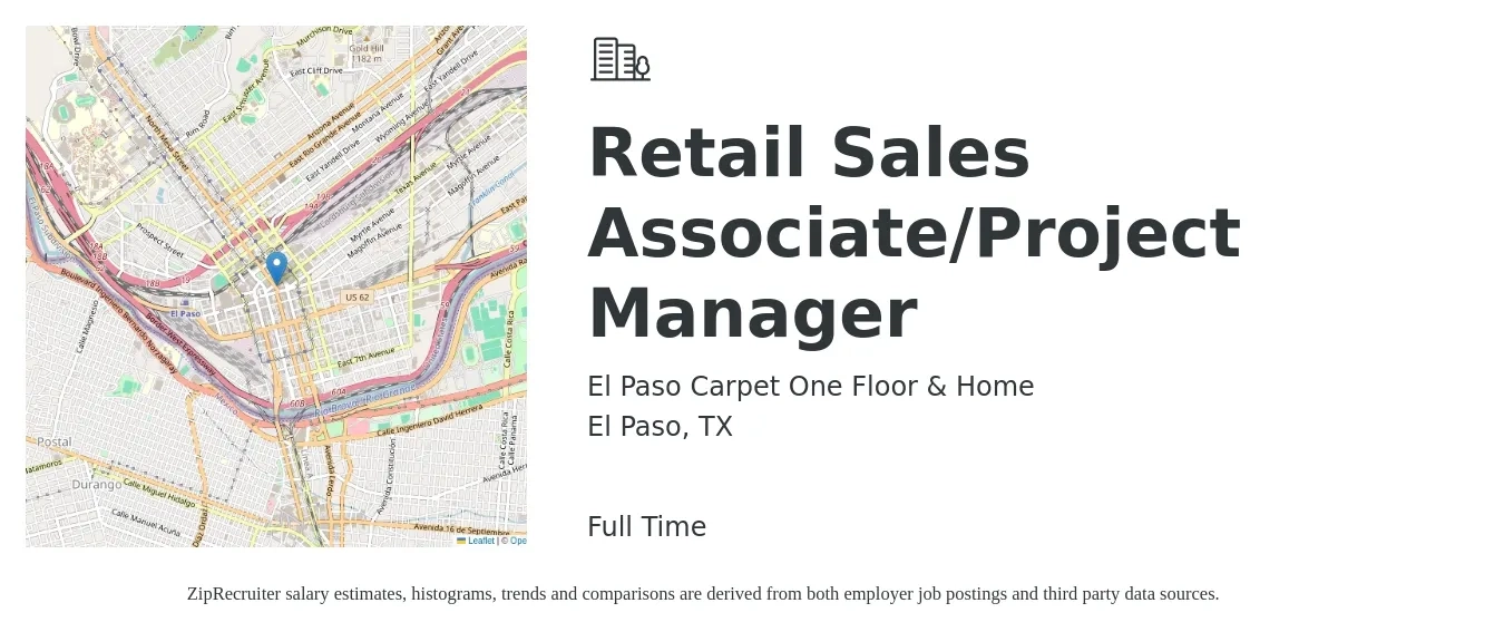 El Paso Carpet One Floor & Home job posting for a Retail Sales Associate/Project Manager in El Paso, TX with a salary of $2,000 to $2,500 Monthly with a map of El Paso location.