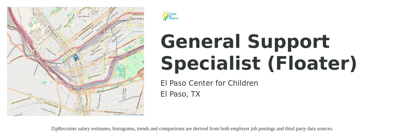El Paso Center for Children job posting for a General Support Specialist (Floater) in El Paso, TX with a salary of $18 to $19 Hourly with a map of El Paso location.
