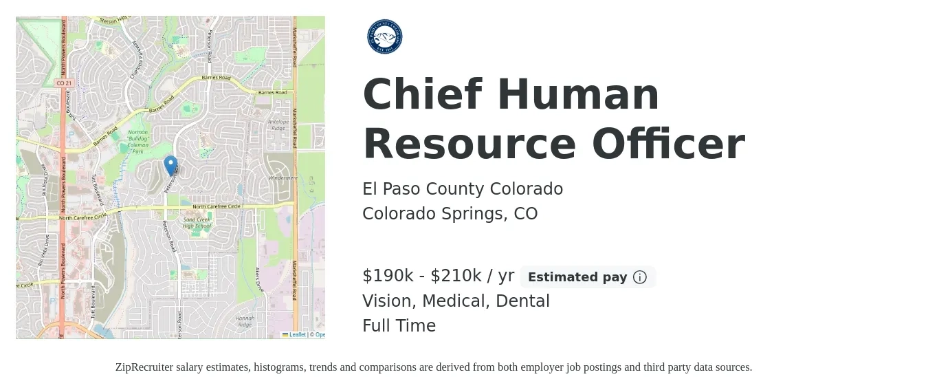 El Paso County Colorado job posting for a Chief Human Resource Officer in Colorado Springs, CO with a salary of $190,000 to $210,000 Yearly and benefits including life_insurance, medical, retirement, vision, and dental with a map of Colorado Springs location.