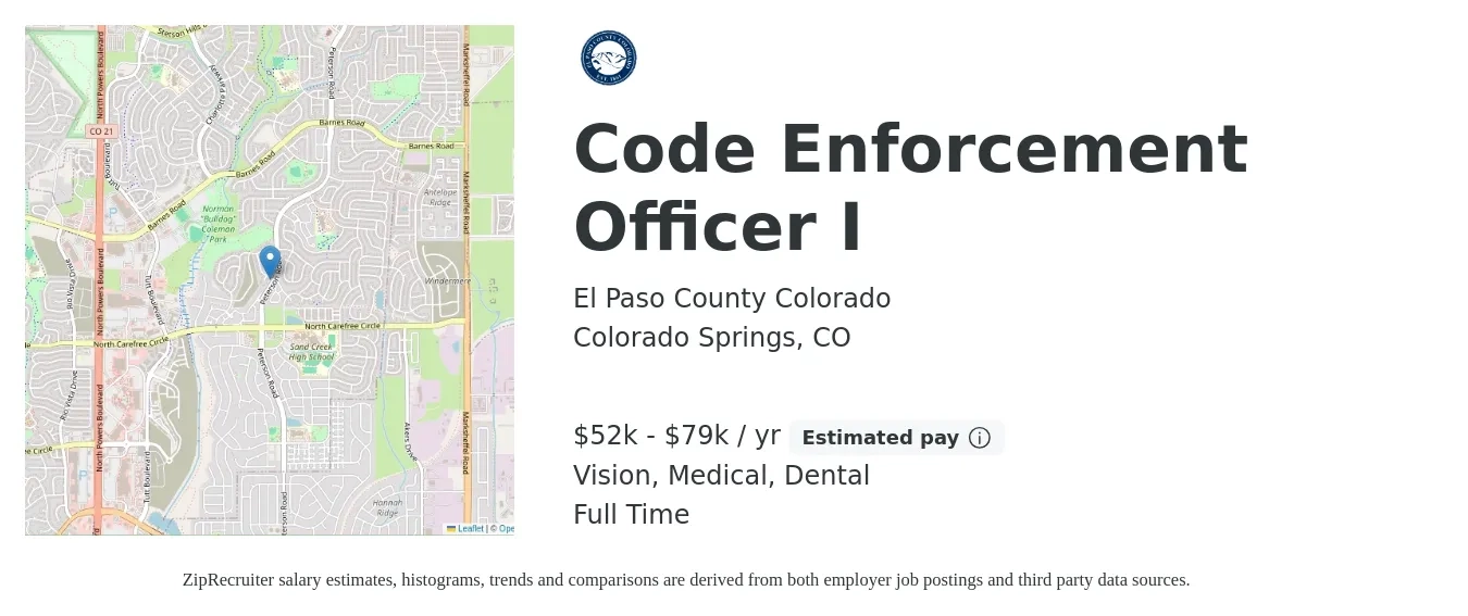 El Paso County Colorado job posting for a Code Enforcement Officer I in Colorado Springs, CO with a salary of $52,750 to $79,140 Yearly and benefits including dental, life_insurance, medical, retirement, and vision with a map of Colorado Springs location.