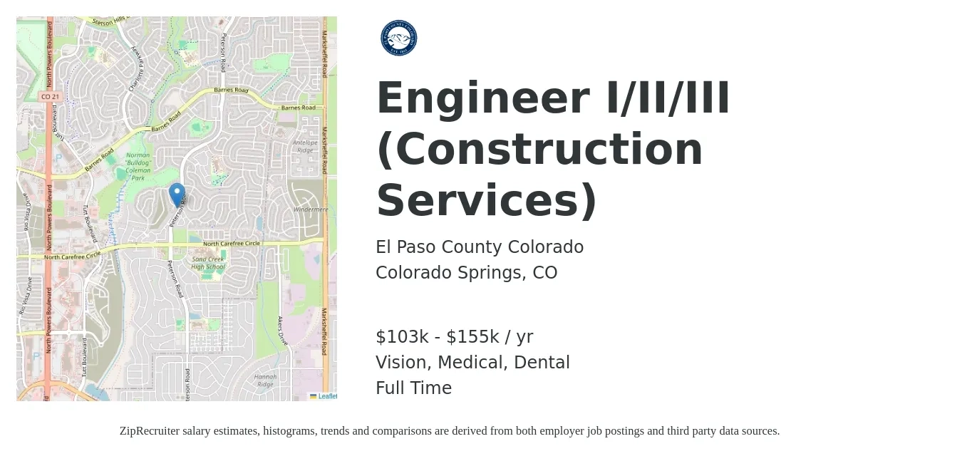 El Paso County Colorado job posting for a Engineer I/II/III (Construction Services) in Colorado Springs, CO with a salary of $103,860 to $155,900 Yearly and benefits including vision, dental, life_insurance, medical, and retirement with a map of Colorado Springs location.