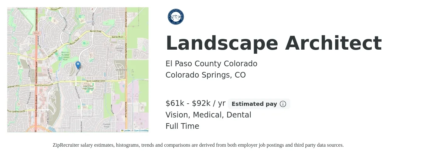 El Paso County Colorado job posting for a Landscape Architect in Colorado Springs, CO with a salary of $61,490 to $92,150 Yearly and benefits including dental, life_insurance, medical, retirement, and vision with a map of Colorado Springs location.