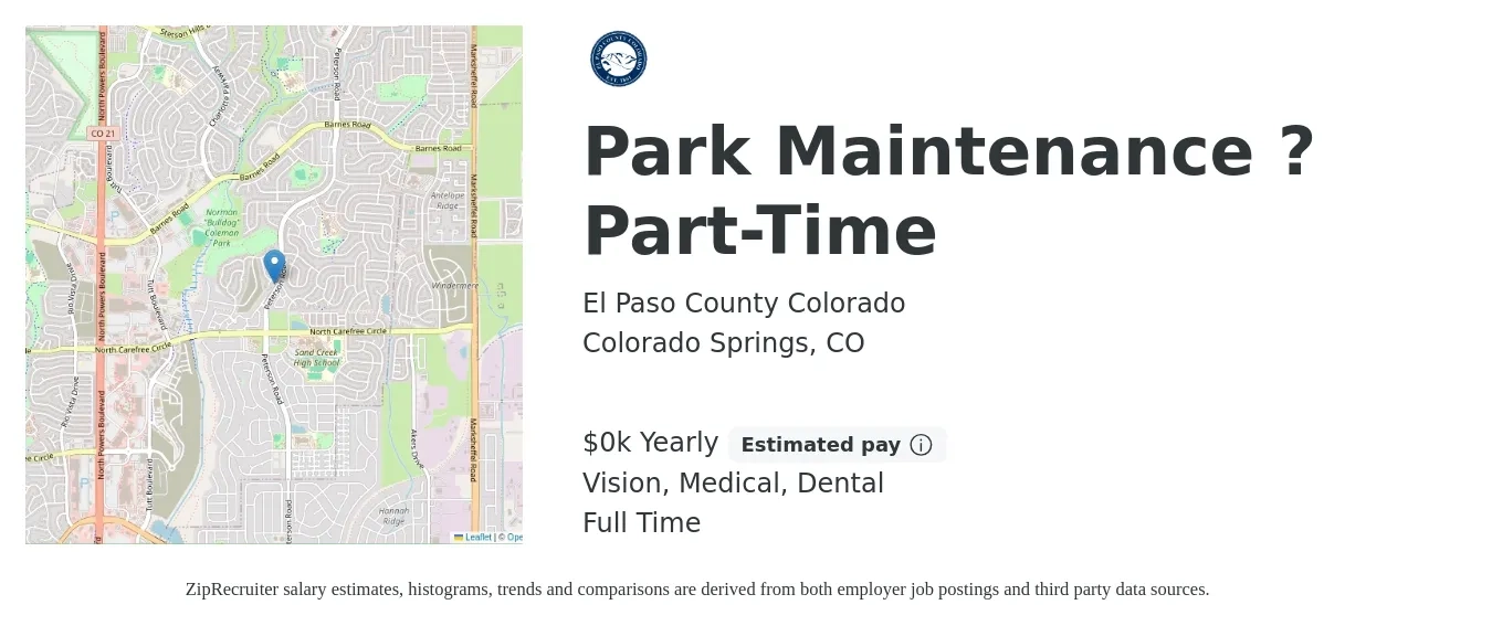 El Paso County Colorado job posting for a Park Maintenance ? Part-Time in Colorado Springs, CO with a salary of $17 to $23 Yearly and benefits including life_insurance, medical, retirement, vision, and dental with a map of Colorado Springs location.