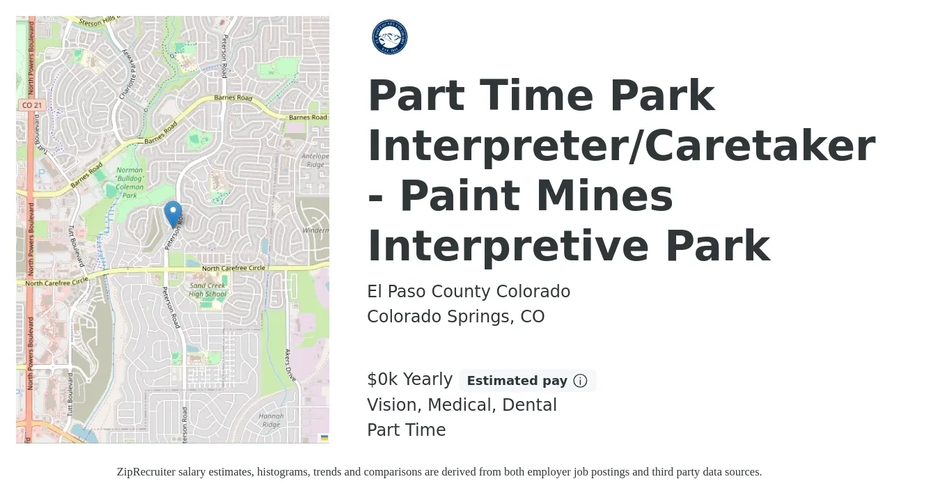 El Paso County Colorado job posting for a Part Time Park Interpreter/Caretaker - Paint Mines Interpretive Park in Colorado Springs, CO with a salary of $15 to $22 Yearly and benefits including dental, life_insurance, medical, retirement, and vision with a map of Colorado Springs location.