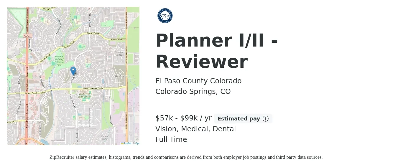 El Paso County Colorado job posting for a Planner I/II - Reviewer in Colorado Springs, CO with a salary of $57,230 to $99,870 Yearly and benefits including dental, life_insurance, medical, retirement, and vision with a map of Colorado Springs location.