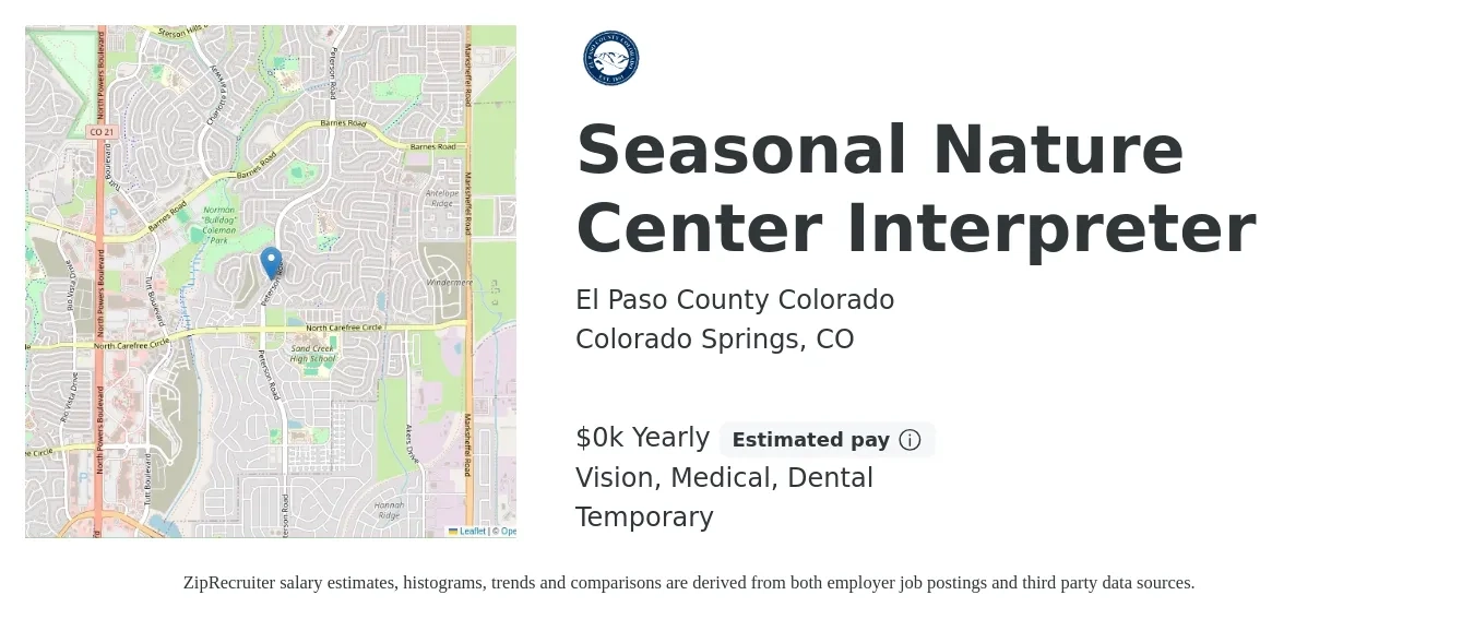El Paso County Colorado job posting for a Seasonal Nature Center Interpreter in Colorado Springs, CO with a salary of $15 to $18 Yearly and benefits including medical, retirement, vision, dental, and life_insurance with a map of Colorado Springs location.