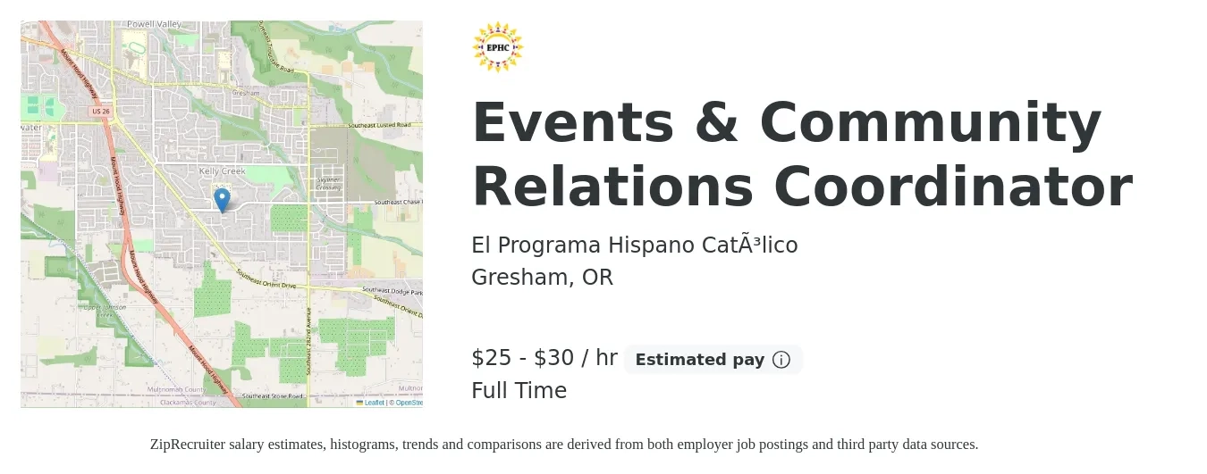 El Programa Hispano Católico job posting for a Events & Community Relations Coordinator in Gresham, OR with a salary of $26 to $31 Hourly with a map of Gresham location.