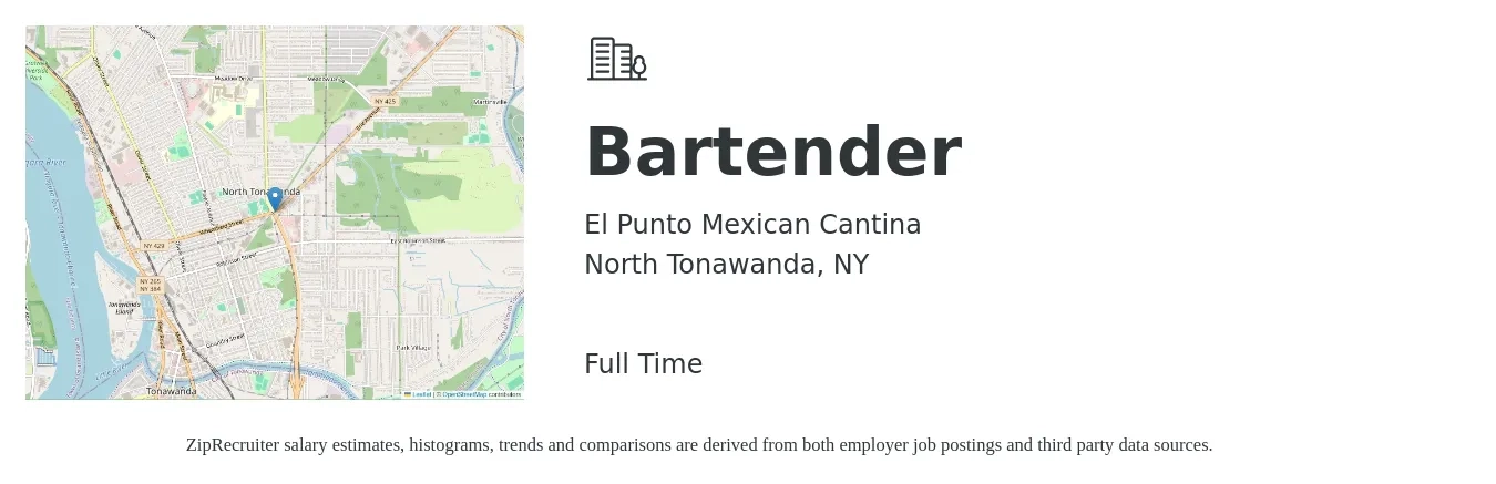 El Punto Mexican Cantina job posting for a Bartender in North Tonawanda, NY with a salary of $100 to $400 Daily with a map of North Tonawanda location.