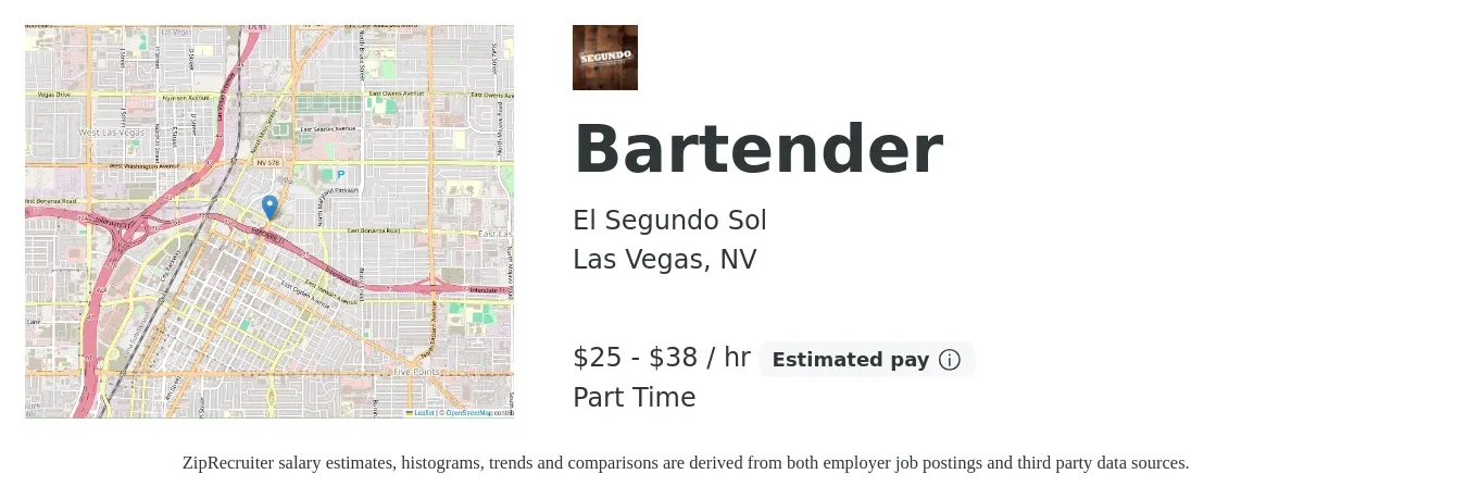 El Segundo Sol job posting for a Bartender in Las Vegas, NV with a salary of $26 to $40 Hourly with a map of Las Vegas location.