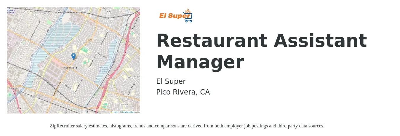 El Super job posting for a Restaurant Assistant Manager in Pico Rivera, CA with a salary of $17 to $25 Hourly with a map of Pico Rivera location.