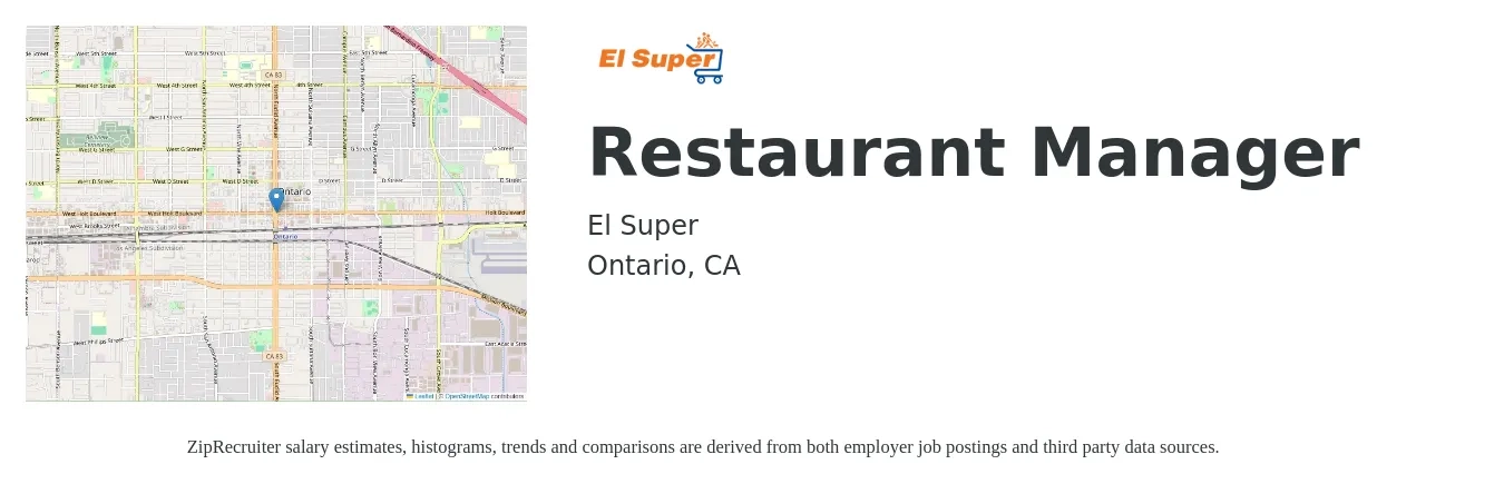 El Super job posting for a Restaurant Manager in Ontario, CA with a salary of $45,800 to $64,600 Yearly with a map of Ontario location.